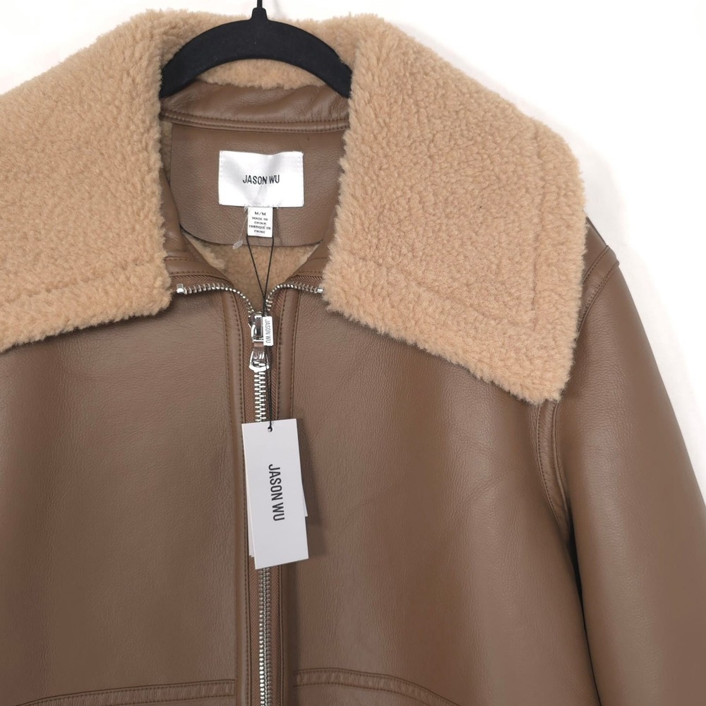 JASON WU New Women's Faux Leather Coat Sherpa Lined Brown Jacket MEDIUM Chic